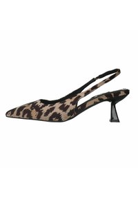 Pointed toe slingback shoe in a beige and brown animal print fabric, featuring a clear heel and black trim along the edges.