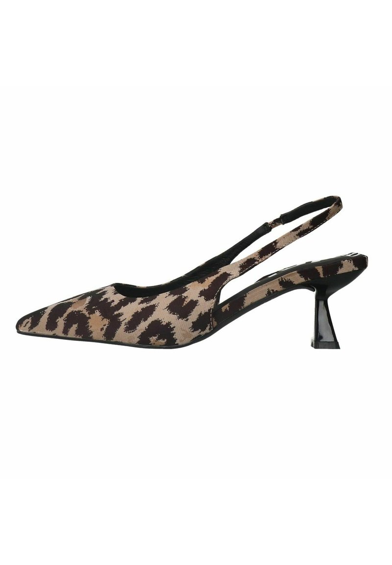 Pointed toe slingback shoe in a beige and brown animal print fabric, featuring a clear heel and black trim along the edges.