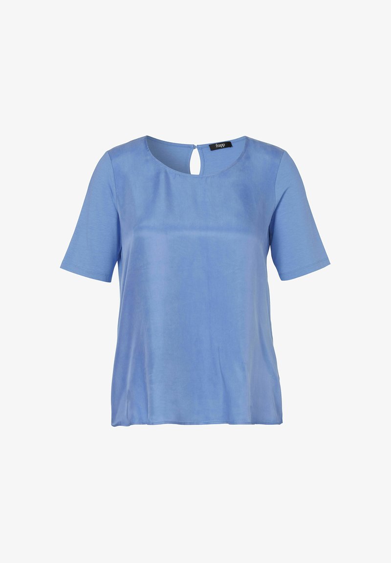 Lichtblauwe blouse met korte mouwen en een ronde halslijn, met een uitsparing aan de achterkant. Glad materiaal met een zachte textuur. Eenvoudige snit.