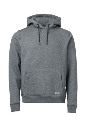 Grey pullover hoodie with front kangaroo pocket, drawstring hood, ribbed cuffs and hem, and a small rectangular label on the lower front side.