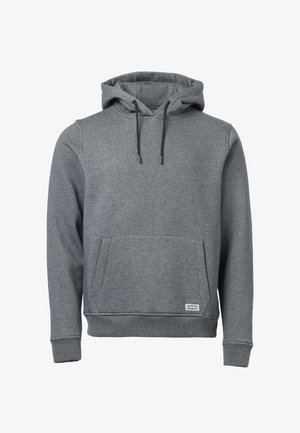 Szary pulower z kapturem, z przednią kieszenią typu kangur, kapturem z troczkiem, ściągaczami na mankietach i u dołu oraz małą prostokątną metką na dolnej przedniej stronie.