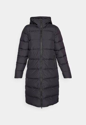 Parka nera imbottita con cappuccio, caratterizzata da una chiusura con zip, maniche lunghe e design a righe orizzontali. Include due tasche laterali.