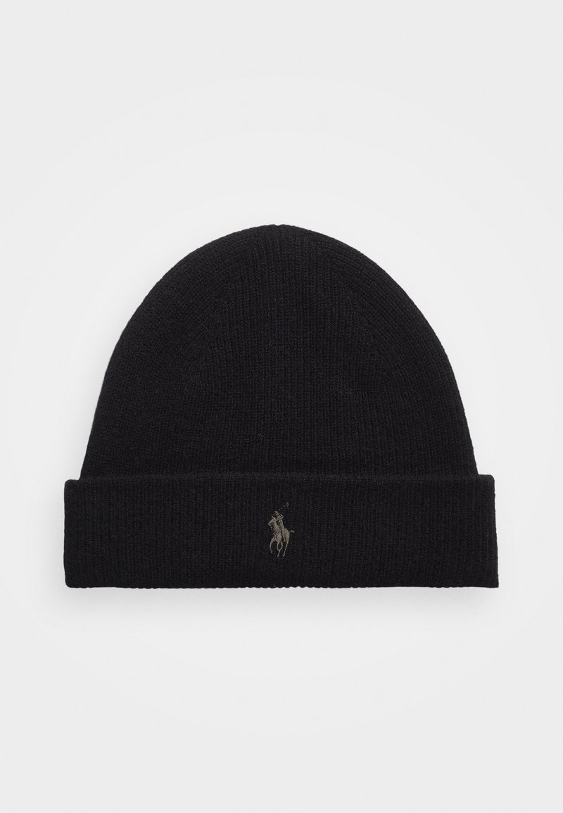 Berretto in maglia nera con una texture a costine, dotato di risvolto e un piccolo logo ricamato di un cavallo e cavaliere in grigio.