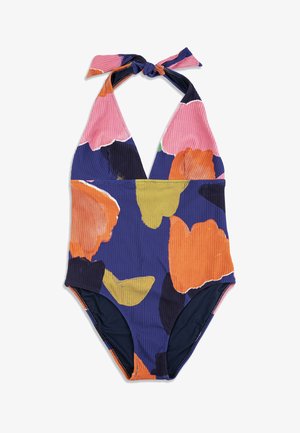 Maillot de bain une pièce à col halter avec nœud, tissu côtelé et imprimé floral abstrait en grandes fleurs aux couleurs rose, orange, jaune, marine et noir.