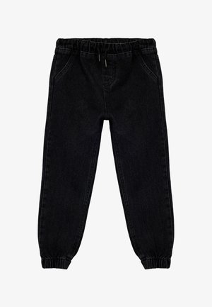 Joggers en denim noir avec une taille élastique, des poignets froncés et des poches latérales. Le tissu a une texture lisse avec un grain subtil.