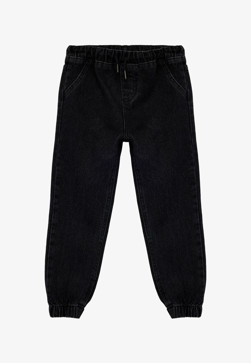 Zwarte denim joggers met een elastische tailleband, gathered manchetten en zijzakken. De stof heeft een gladde textuur met subtiele nerven.