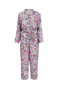 Blumenmuster-Overall aus leicht lila Stoff, mit langen Ärmeln, elastischem Bund und durchgehender Knopfleiste.