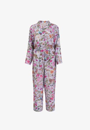 Floral-patterned jumpsuit in light purple fabric, featuring long sleeves, an elastic waist, and a button-down front.