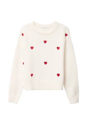 Maglione a maniche lunghe color crema con toppe a forma di cuore rosse distribuite uniformemente sul davanti e sulle maniche.