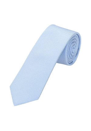 Hellblaues Krawatte mit strukturierter Oberfläche und dezentem geometrischem Muster. Klassische schmale Form, ordentlich zusammengerollt zur Aufbewahrung.