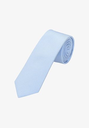Light blue tie with a textured finish, featuring a subtle geometric pattern. Classic narrow shape, rolled neatly for storage.