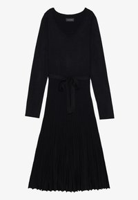 Robe longue noire à manches longues avec un col rond, un corsage ajusté et une jupe plissée. Dotée d'un lien assorti à la taille pour un ajustement.
