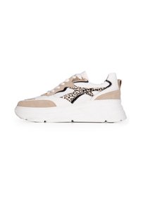 Sneaker with a white leather upper, beige suede accents, black stitching, and a leopard print detail on the side. Thick white sole.