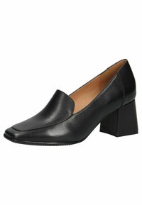 Chaussure noire en cuir à talons blocs avec un bout pointu et une texture lisse. Présente un design large et plat à enfiler et une hauteur de talon modeste.