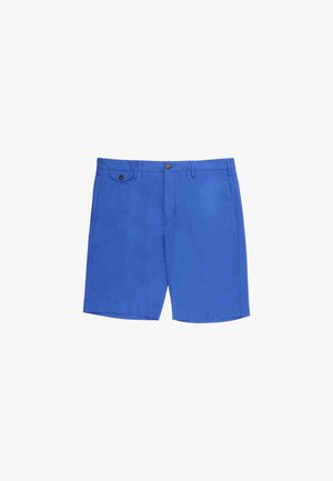 Pantaloncini da uomo blu al ginocchio con tasche laterali e pattina con bottoni, passanti per cintura e chiusura frontale con bottone e cerniera.