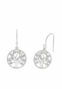 Pendientes de plata con un diseño circular que presenta un motivo de árbol, hojas intrincadas y detalles de flores. Estilo de gancho para un fácil uso.