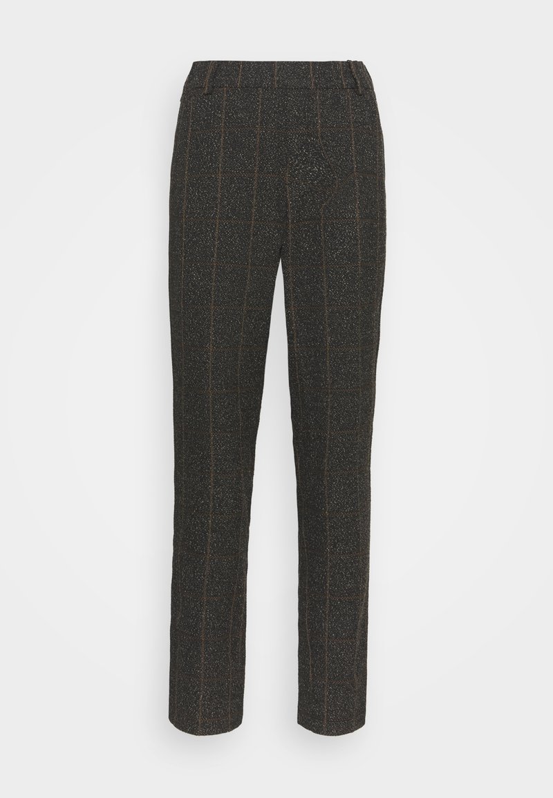 Pantalon gris foncé taille haute avec un motif à carreaux subtil, coupe droite, passants de ceinture sur un fond blanc uni.