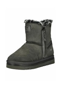 Graue Wildleder-Stiefelette mit Kunstfellfutter, seitlichem Reißverschluss und strapazierfähiger Gummisohle; verfügt über eine strukturierte Oberfläche und ein Logodetail an der Vorderseite.