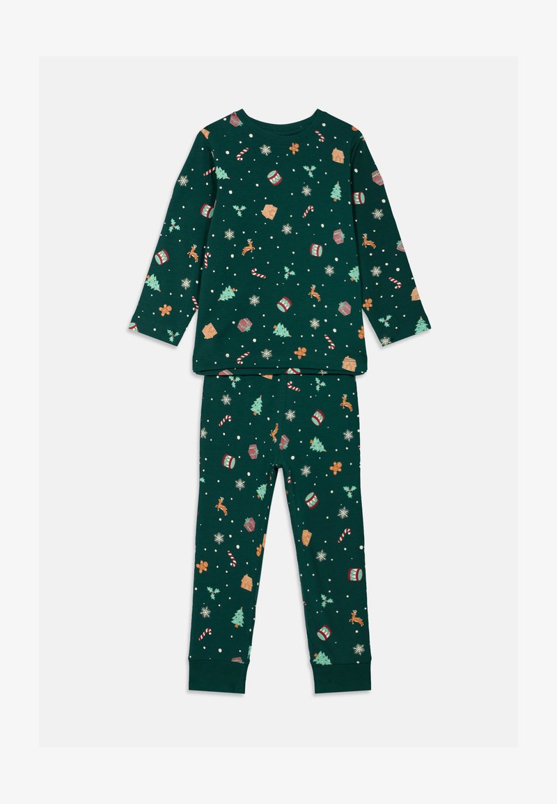 Dark green long-sleeve top and pants set with holiday print of Christmas trees, candy canes, reindeer, snowflakes, gingerbread, and drums.