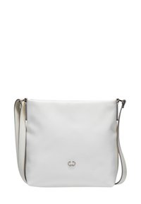 Bolso bandolera blanco hecho de un material texturizado con un acento de logo plateado. Presenta una correa ajustable y un diseño minimalista.