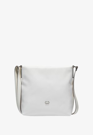 Biała torba crossbody wykonana z teksturowanego materiału z akcentem w postaci srebrnego logo. Posiada regulowany pasek oraz minimalistyczny design.