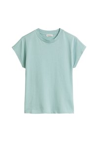 T-shirt azzurro chiaro a maniche corte in cotone con scollatura rotonda e vestibilità comoda. Il tessuto ha una consistenza morbida e liscia.