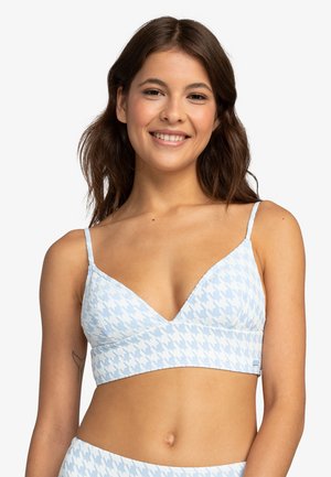 Vaaleansininen kolmio-bralette, joka on valmistettu pehmeästä kankaasta ja jossa on houndstooth-kuvio, säädettävät olkaimet ja saumaton muotoilu.