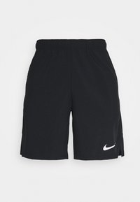 Pantalones cortos deportivos negros con cinturilla elástica y logo de Nike en blanco en la parte inferior de la pierna izquierda.