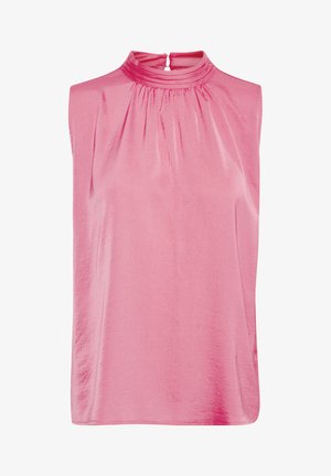 Mouwloze top in lichtroze satijnen stof, met een hoge hals en geplooide details, een gladde textuur en een sluiting met knopen aan de achterkant.