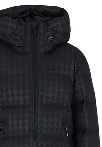 Giubbotto isolato nero con motivo a pied-de-poule, colletto alto, cappuccio regolabile e zip frontale; presenta tasche con zip e dettaglio del logo.