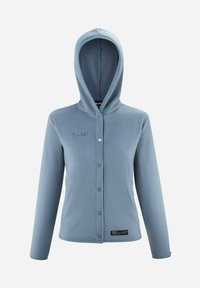 Light blue fleece hoodie with a front button closure, adjustable hood, and embroidered logo. Features long sleeves and a smooth texture.