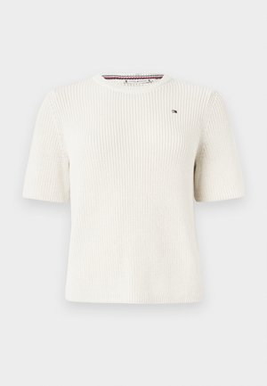 Witte gebreide korte mouw trui met een ronde hals, voorzien van een klein logo op de borst en een gestructureerde stof.