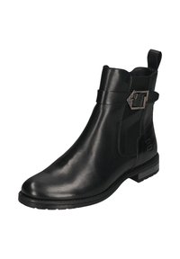 Schwarze Leder-Stiefeletten mit einem seitlichen Schnallenakzent, glatter Textur, elastischen Einsätzen und einem gestapelten Absatz.