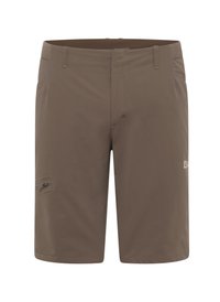 Pantaloni corti leggeri marroni realizzati in tessuto liscio, con una tasca laterale con zip e un branding discreto sulla parte inferiore della gamba. Design della vita piatta.
