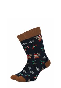 Granatowe skarpetki z brązowym ściągaczem i palcami, ozdobione wzorami reniferów, płatków śniegu, cukrowych lasek i ostrokrzewu w świątecznych kolorach.
