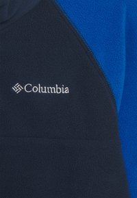Pullover in pile con sezioni blu navy e turchese, caratterizzato da una superficie testurizzata. Include un logo Columbia bianco sul petto.