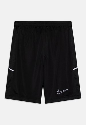 Mustad mustam Nike'i spordilühikesed püksid elastse vöökohaga, võrkpaneelide külgedel ja valge logoga. Sile kangas, millel on õmblusdetailid.