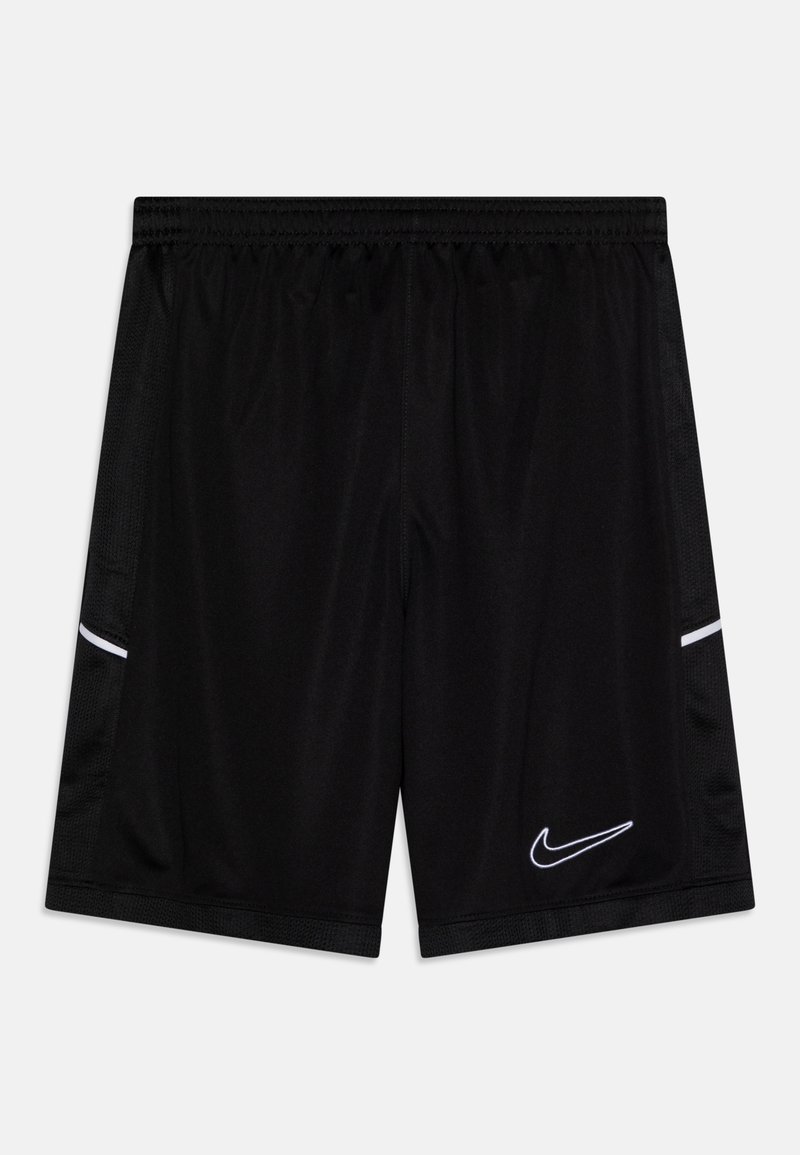 Zwarte Nike sportshorts met een elastische tailleband, mesh zijkanten en een wit logo. Gladde stof met stikselaccenten.