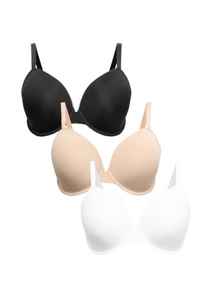 Tre glatte, polstrede bh'er i sort, nude og hvid med justerbare stropper arrangeret mod en hvid baggrund.