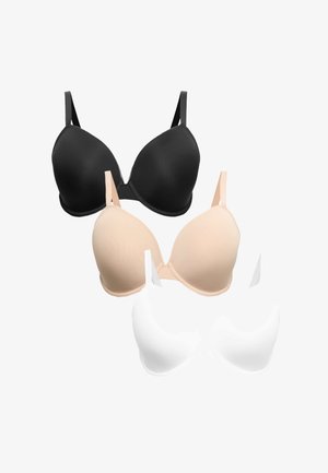 Tre glatte, polstrede bh'er i sort, nude og hvid med justerbare stropper arrangeret mod en hvid baggrund.