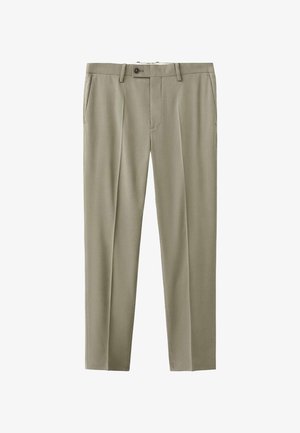 Beżowe, dopasowane spodnie damskie z zakładkami z przodu, bocznymi kieszeniami, szlufkami na pasek i zapięciem na guzik w pasie.