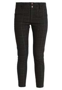Svarta rutiga byxor med en figurnära design, två framknappar och subtil kopparstickning i ett rutmönster.