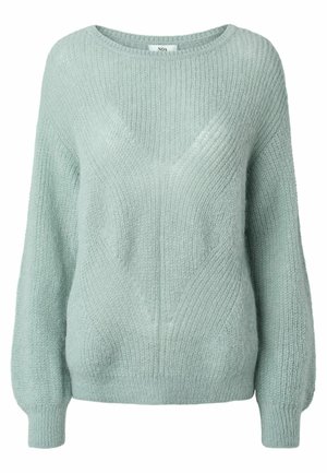 Maglione a maglia verde chiaro con ampio scollo, motivo testurizzato, maniche lunghe e polsini e orlo a coste. Caratterizzato da un sottile dettaglio a forma di V.