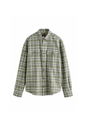 Green plaid shirt with long sleeves, button-up front, two chest pockets, featuring a mix of light and dark green, blue, and white colors.