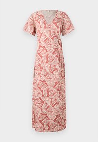 Short, wrap-style dress in coral featuring a floral cream pattern. It has short sleeves and a deep V-neck, made from lightweight fabric.
