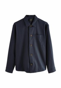 Navy blue button-up shirt with a pointed collar, chest pocket, long sleeves, and brown buttons, made from a smooth, soft fabric.