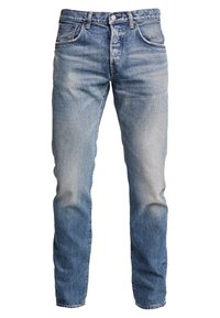 Světle modré džínové kalhoty s rovnýcm střihem, s blednutím na přední části, designem se pěti kapsami a knoflíkovým zapínáním v pase.