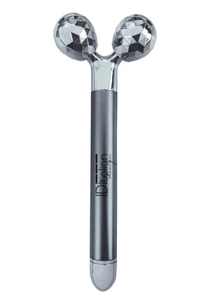 Rouleau facial métallique avec deux têtes sphériques texturées et une poignée cylindrique étiquetée "IDItalian design."