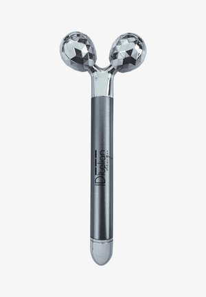 Rodillo facial metálico con dos cabezas esféricas texturizadas y un mango cilíndrico etiquetado "IDItalian design."