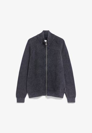 Gray zip-up sweater with ribbed collar and cuffs, featuring a textured knit design and side panel detailing. Silver zipper at the front.